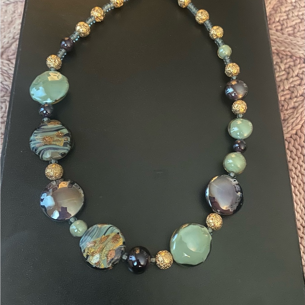 Chic Blue and Gold Beaded Necklace with Murano glass beads